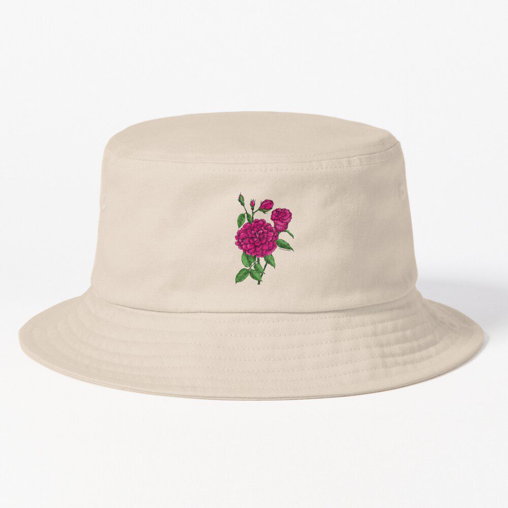flat full deep pink rose print on bucket hat