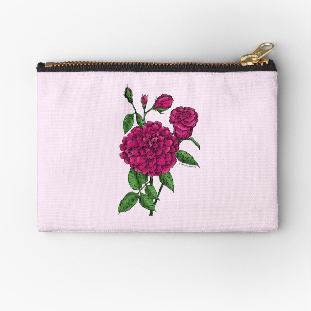 flat full deep pink rose print on zipper pouch