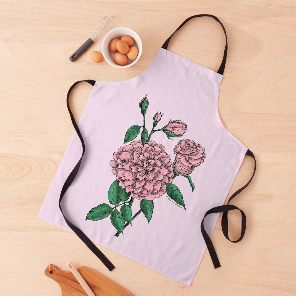 flat full light pink rose print on apron