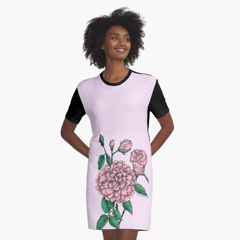 flat full light pink rose print on graphic t-shirt dress