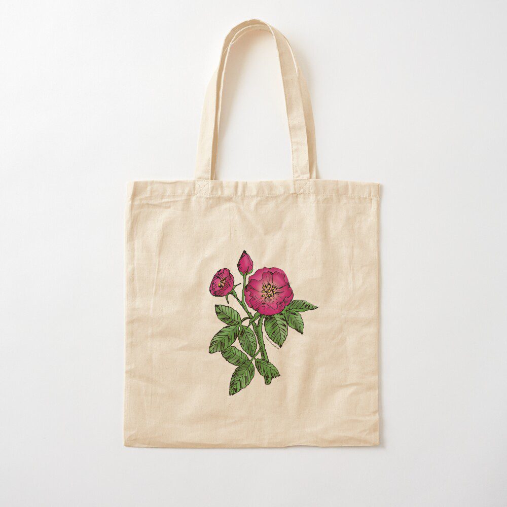 globular single deep pink rose print on cotton tote bag