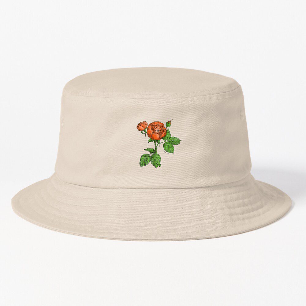 globular semi-double orange rose print on bucket hat