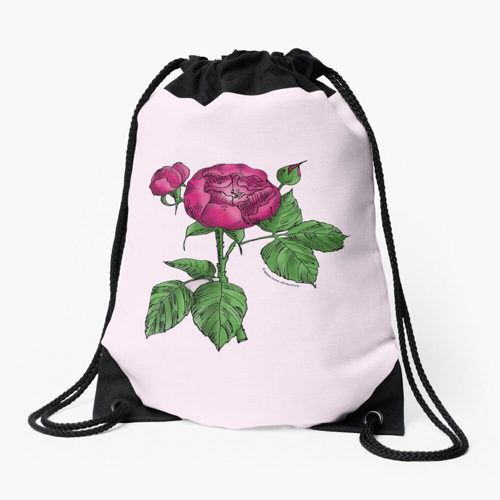 globular semi-double deep pink rose print on drawstring bag