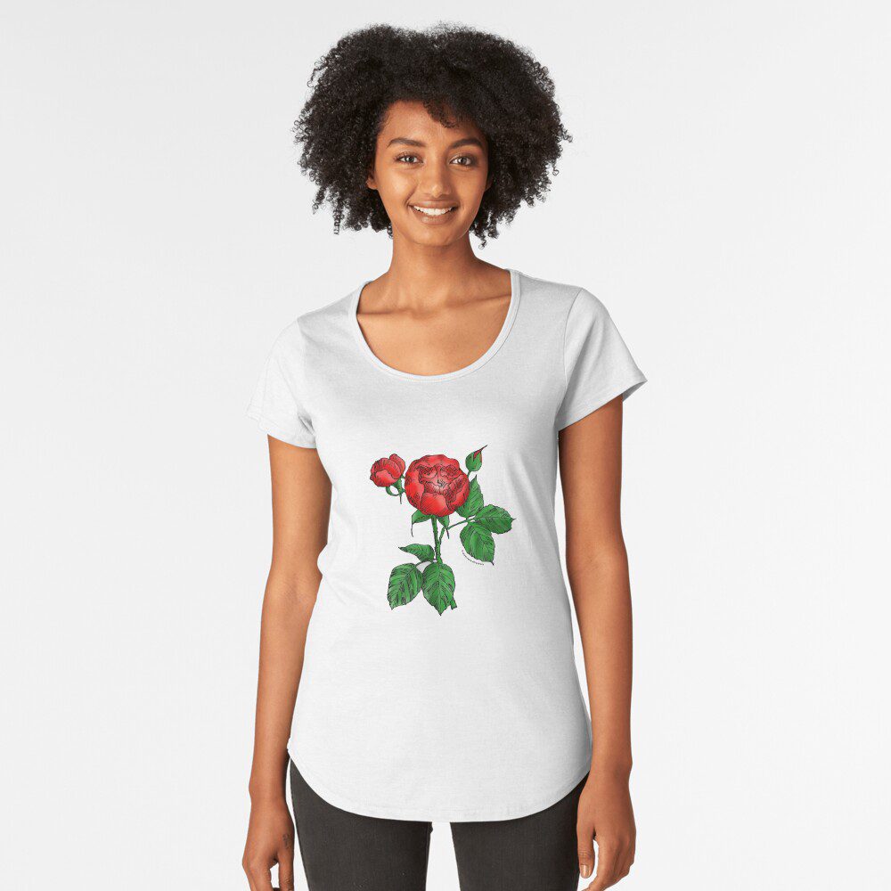 globular semi-double bright red rose print on premium scoop t-shirt