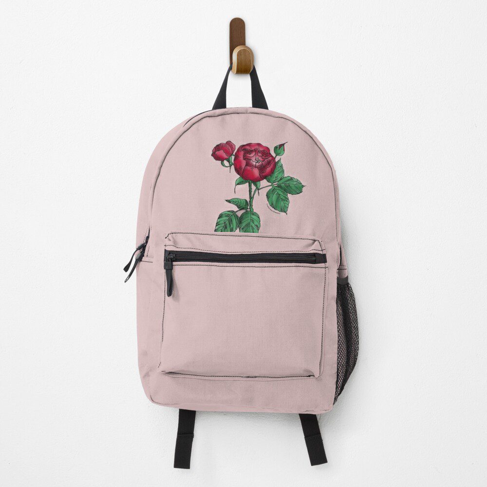 globular semi-double dark red rose print on backpack