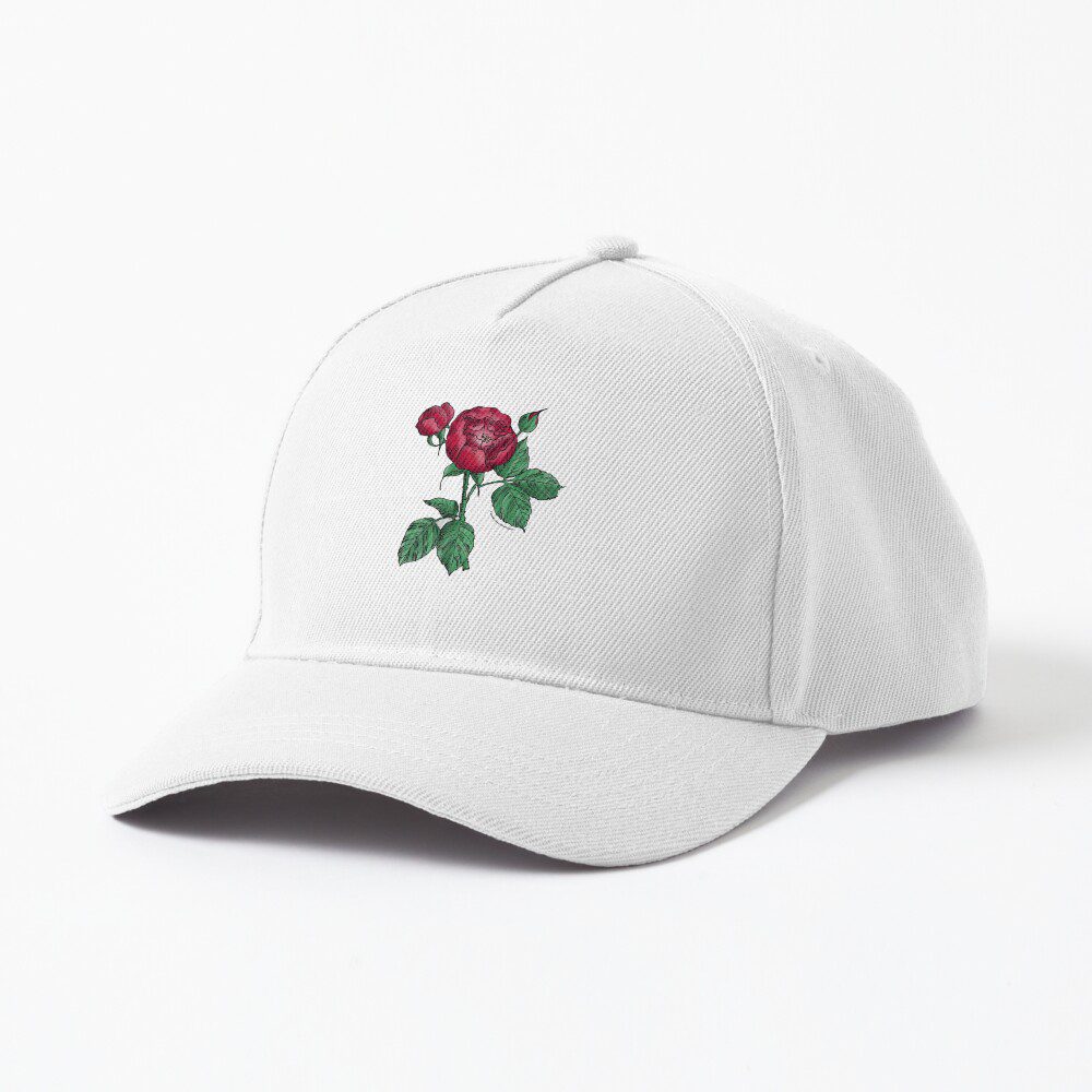globular semi-double dark red rose print on baseball cap