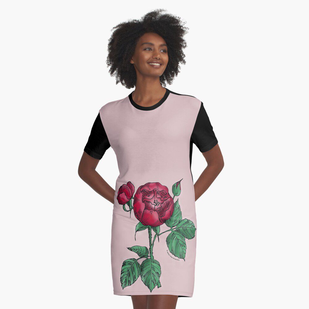 globular semi-double dark red rose print on graphic t-shirt dress