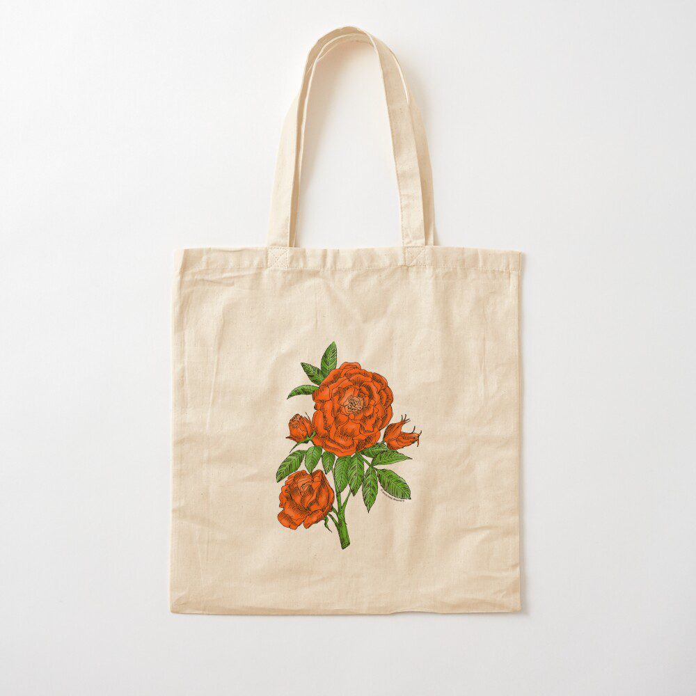 globular double orange rose print on cotton tote bag