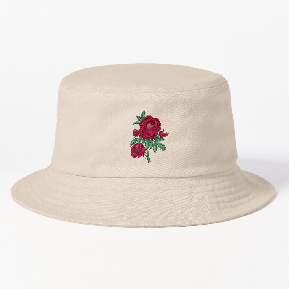 globular double dark red rose print on bucket hat