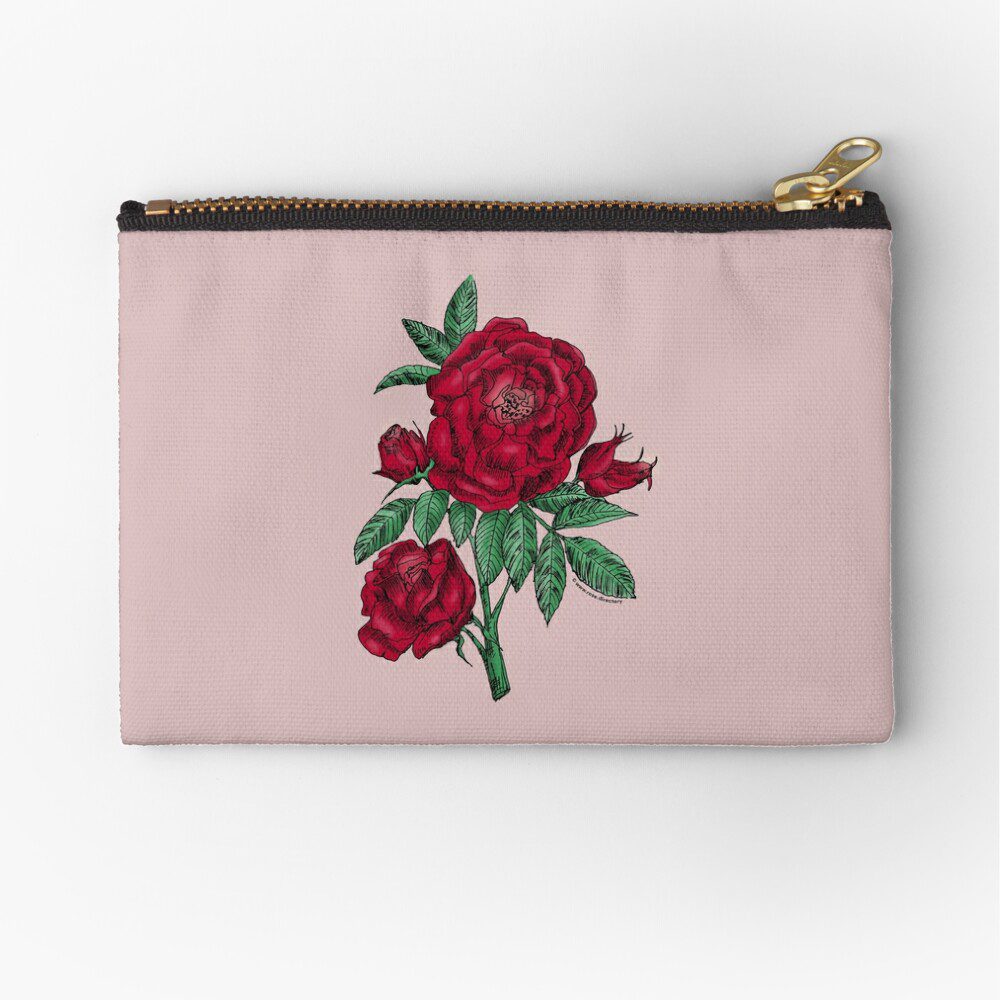globular double dark red rose print on zipper pouch
