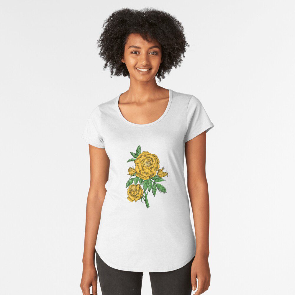 globular double yellow rose print on premium scoop T-shirt