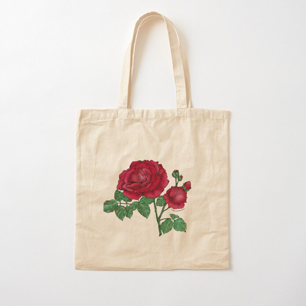 globular full dark red rose print on cotton tote bag