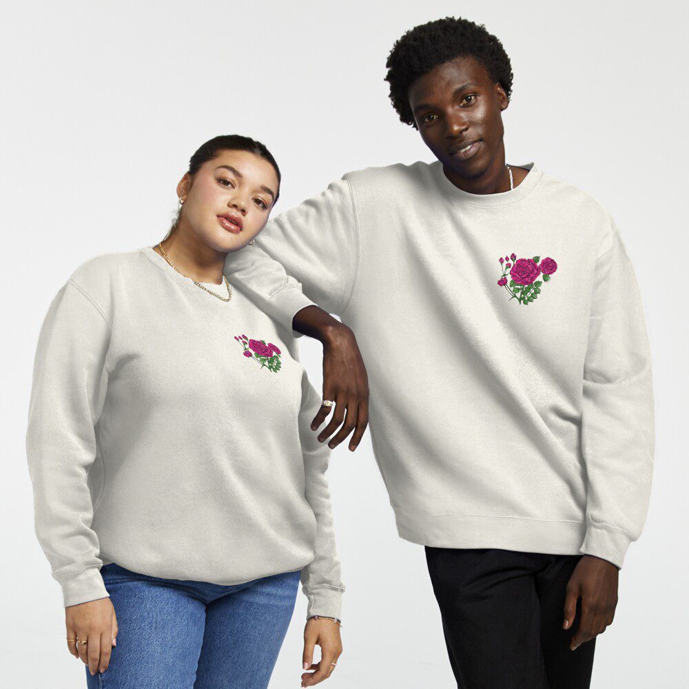 flat double deep pink rose print on pullover sweatshirt