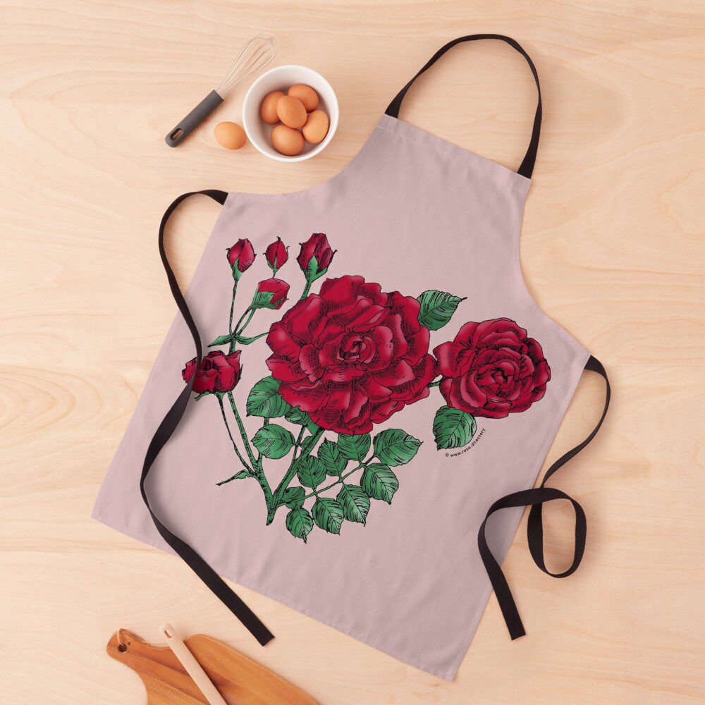 flat double dark red rose print on apron