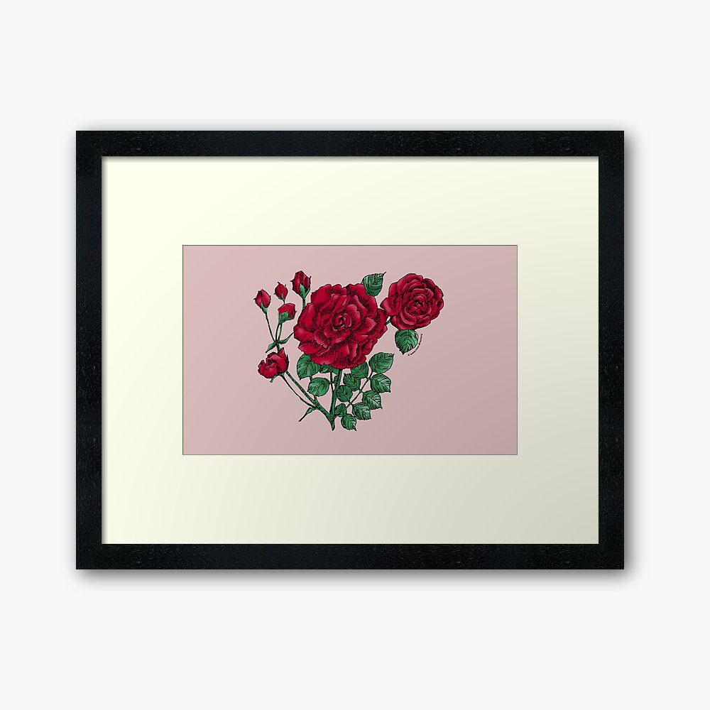 flat double dark red rose print on framed art print