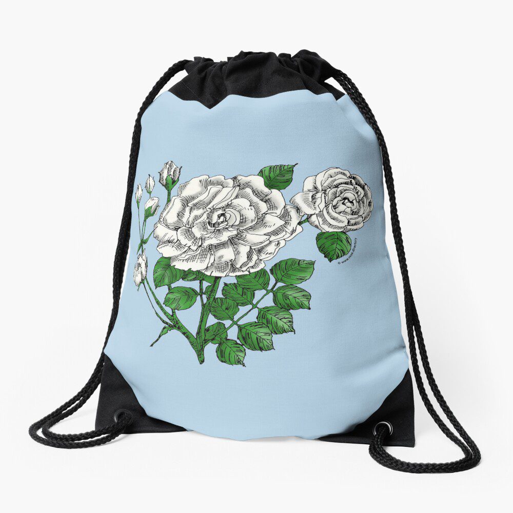 flat double white rose print on drawstring bag