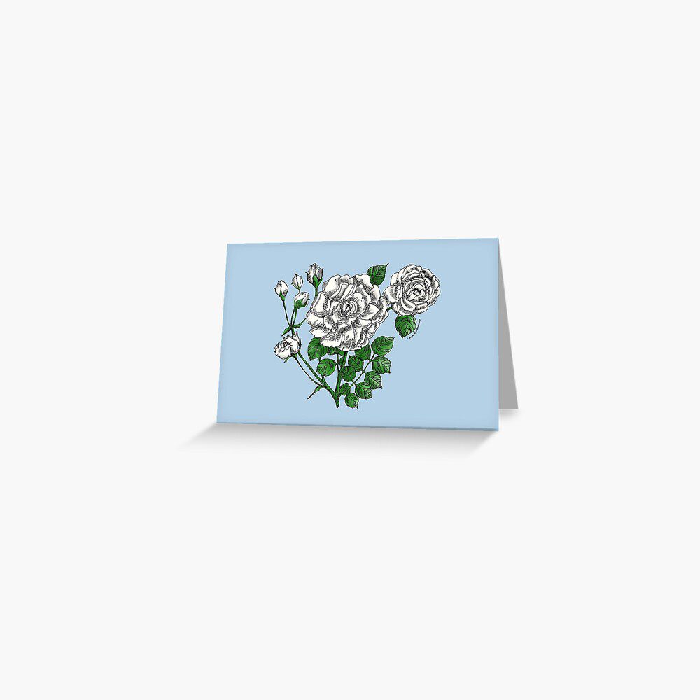 flat double white rose print on greeting card