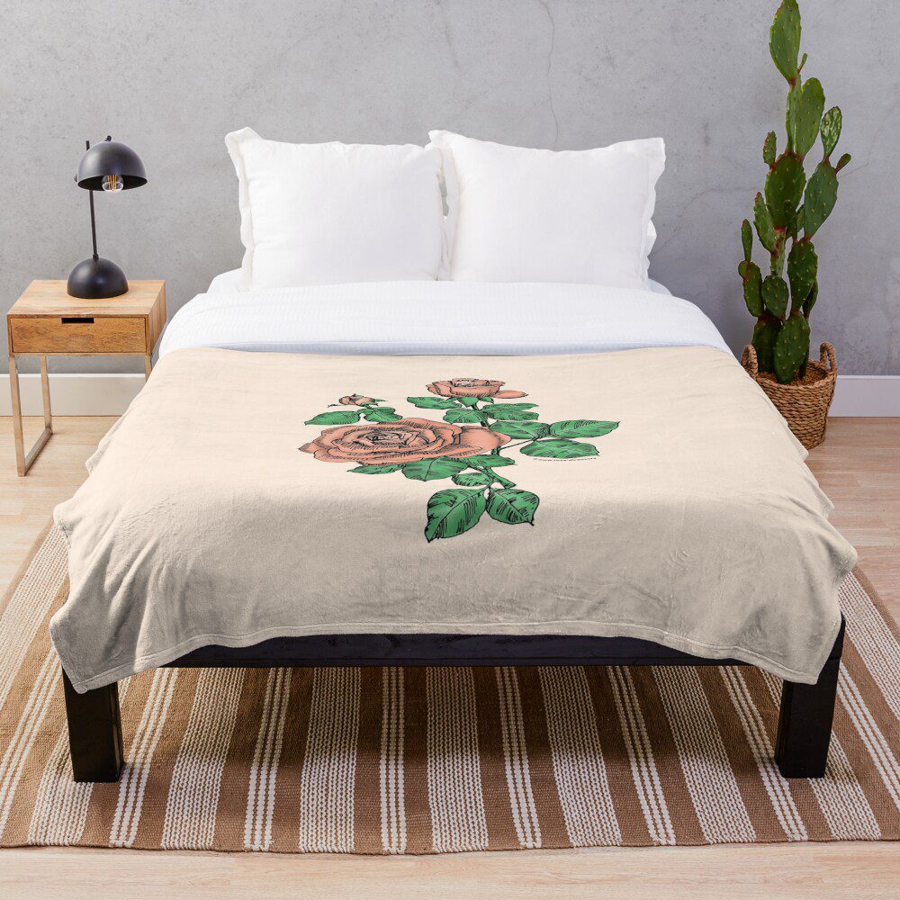 high-centered double apricot rose print on throw blanket