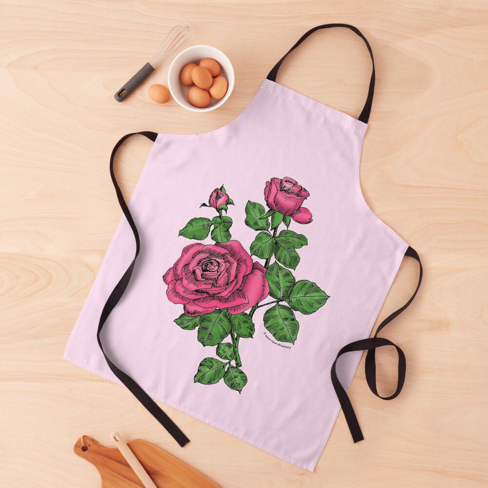 high-centered double mid pink rose print on apron