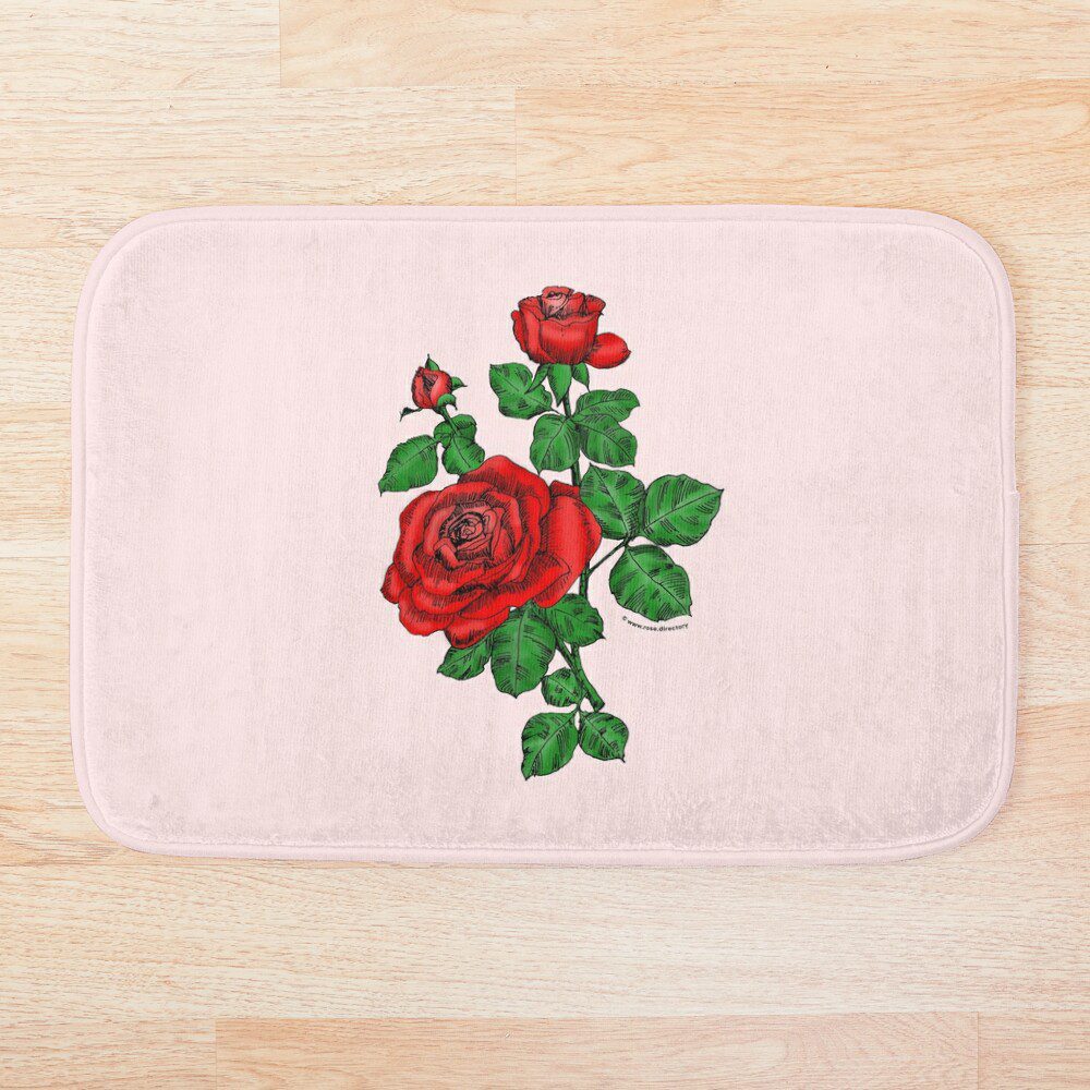 high-centered double bright red rose print on bath mat