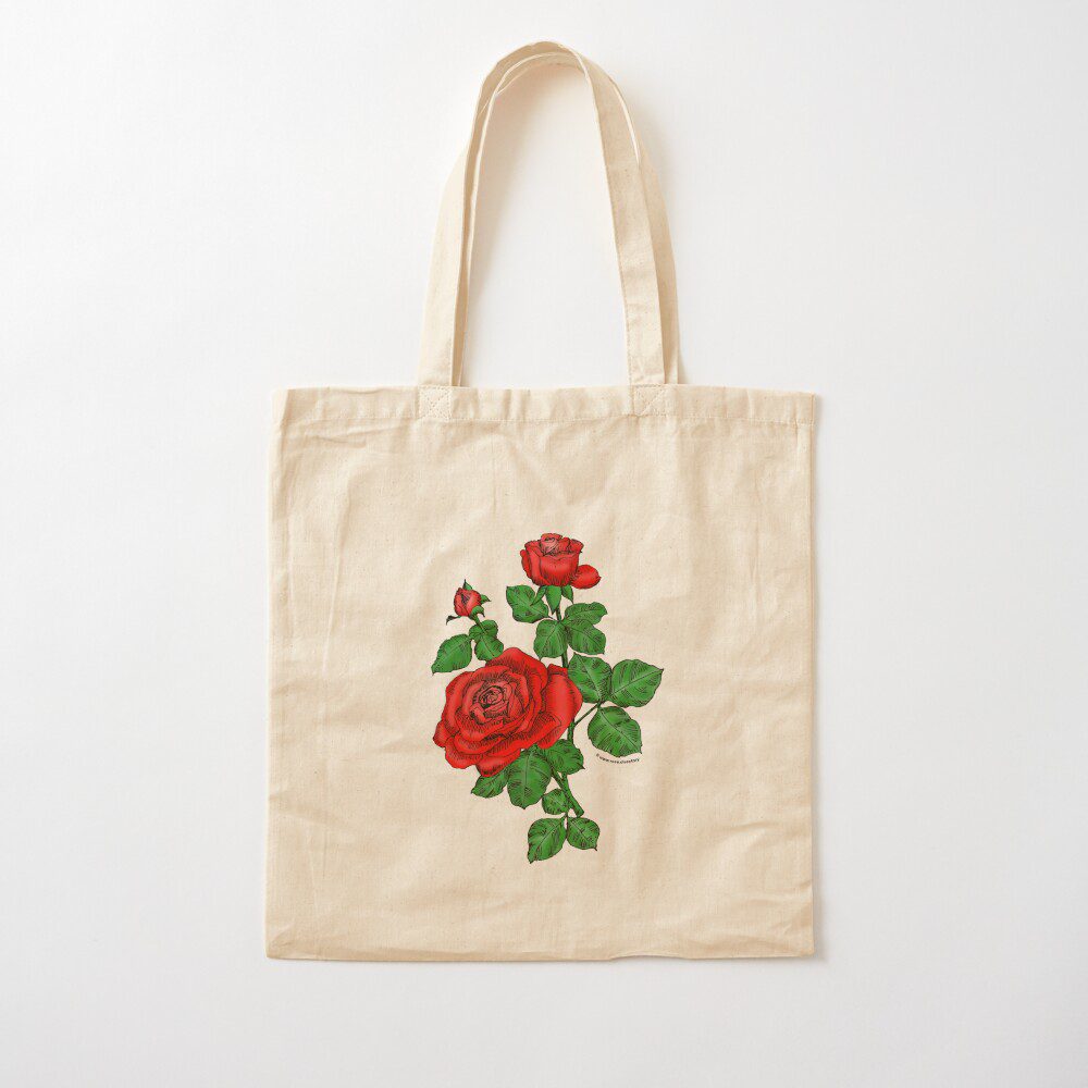 high-centered double bright red rose print on cotton tote bag