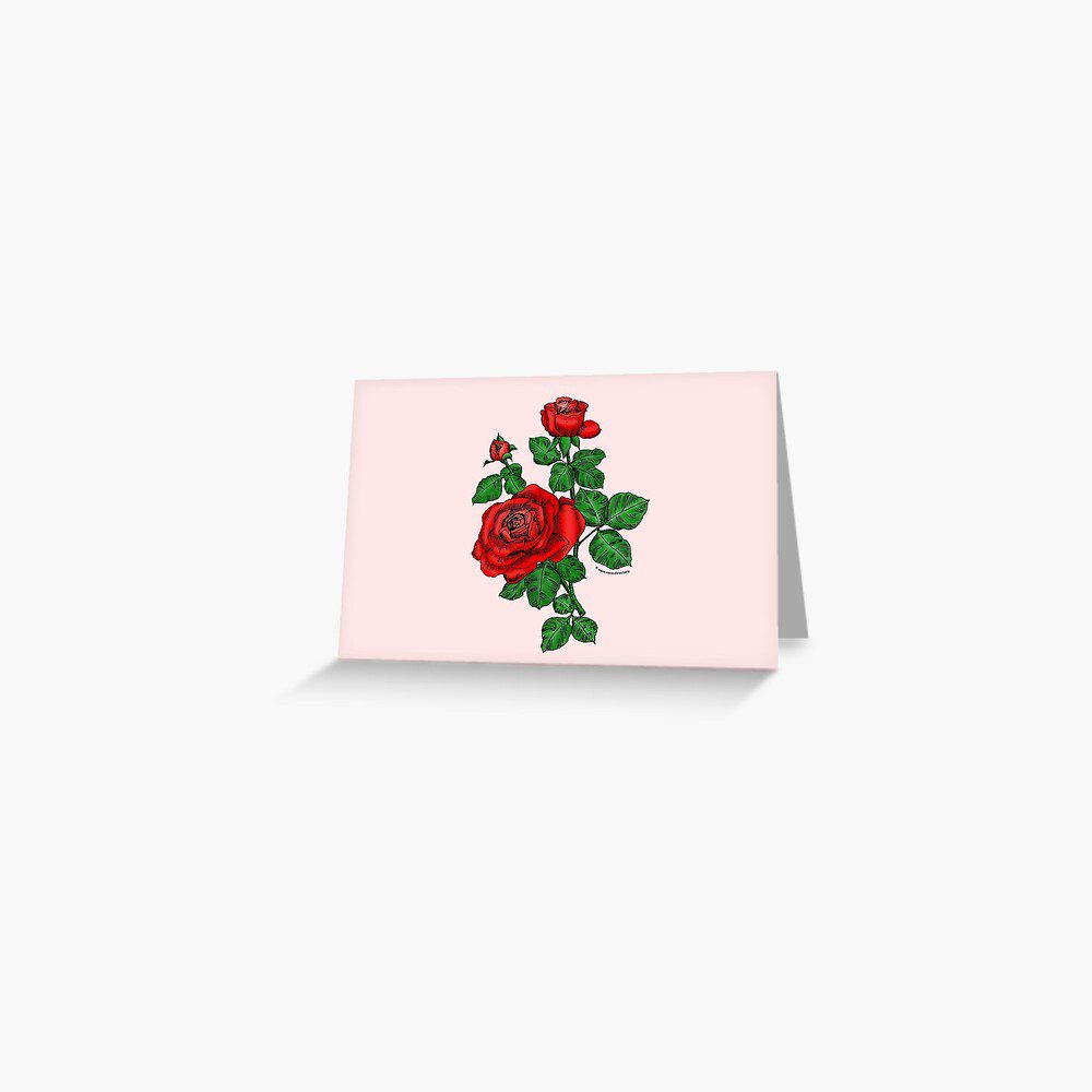 high-centered double bright red rose print on greeting card