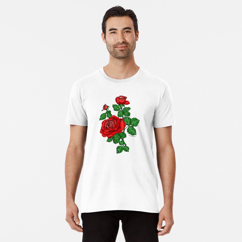 high-centered double bright red rose print on premium T-shirt