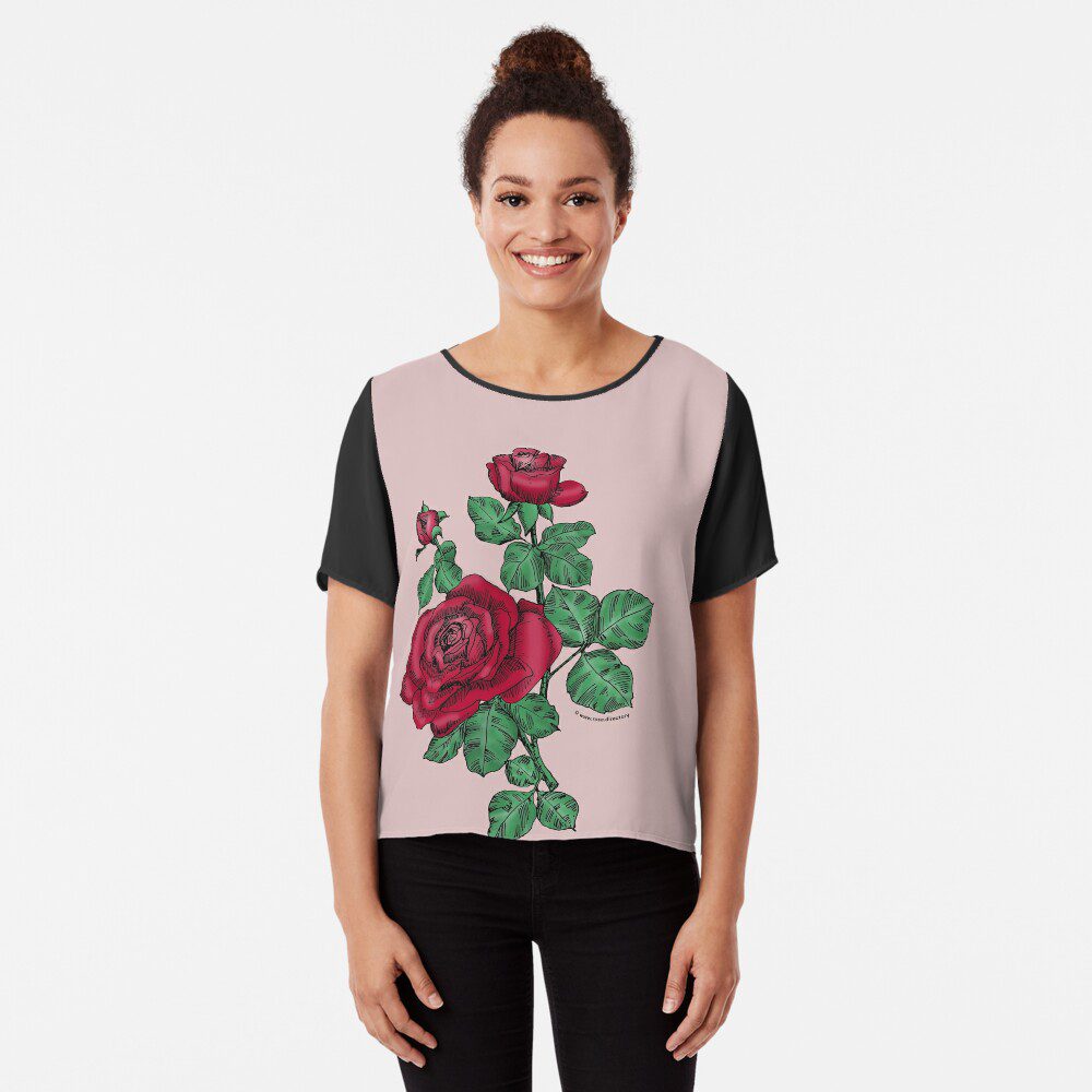 high-centered double dark red rose print on chiffon top