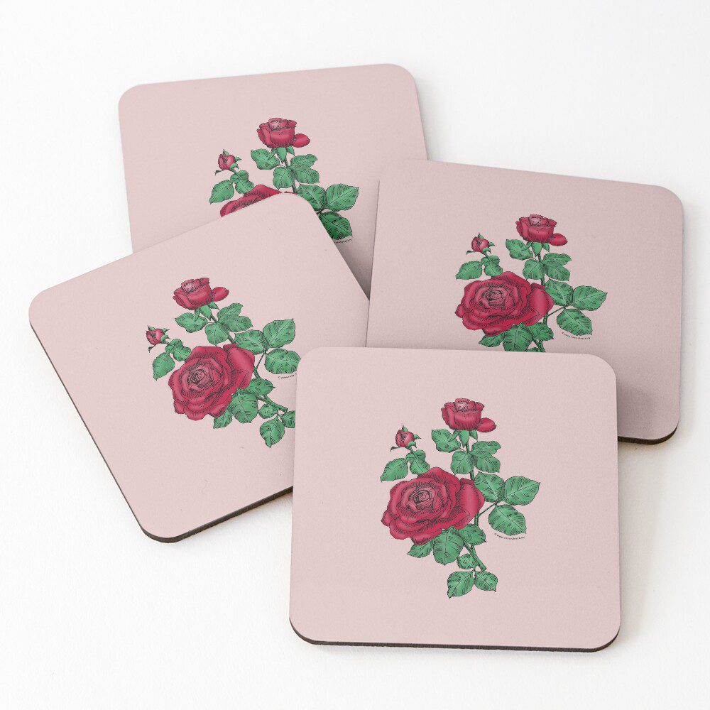 high-centered double dark red rose print on coaster set