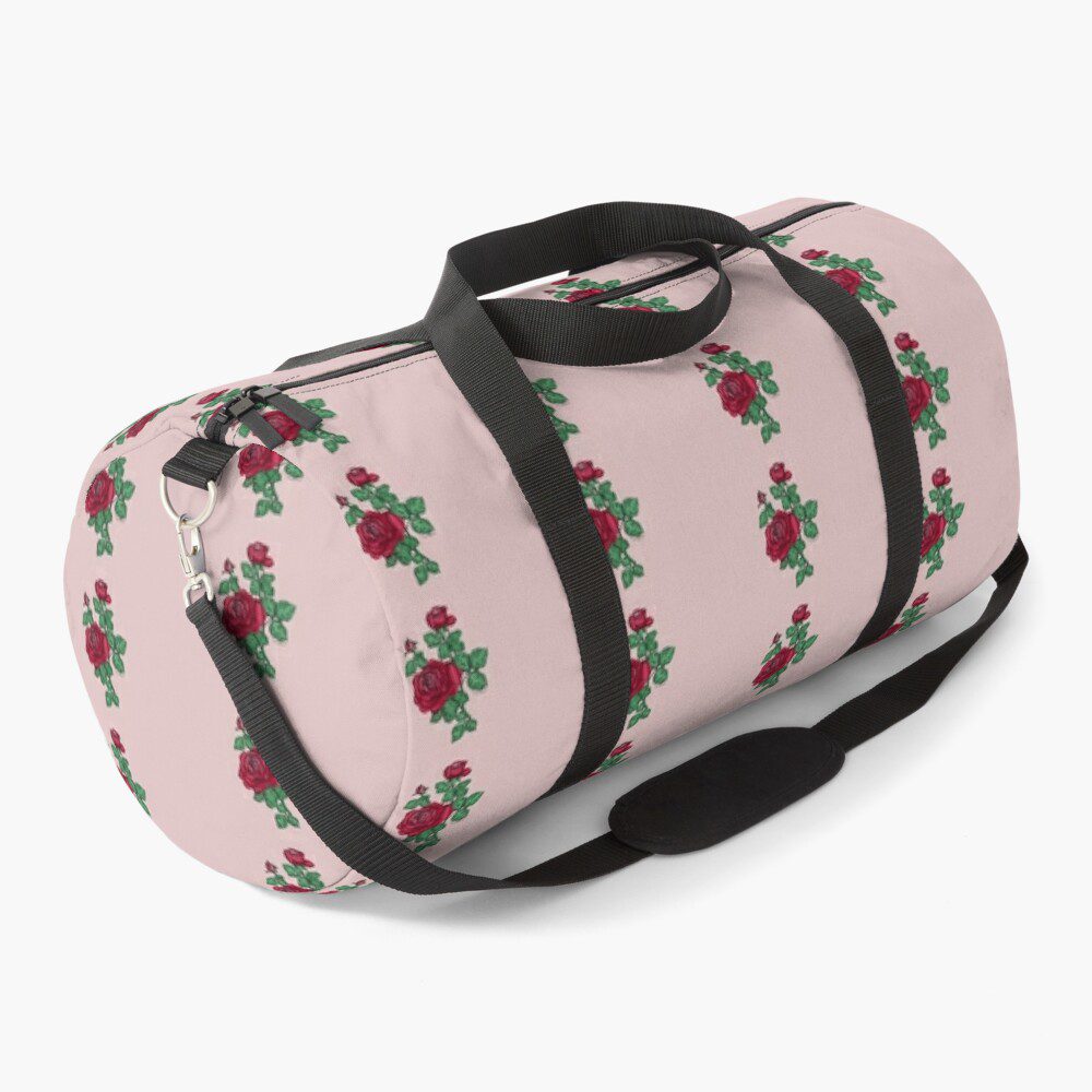 high-centered double dark red rose print on duffle bag