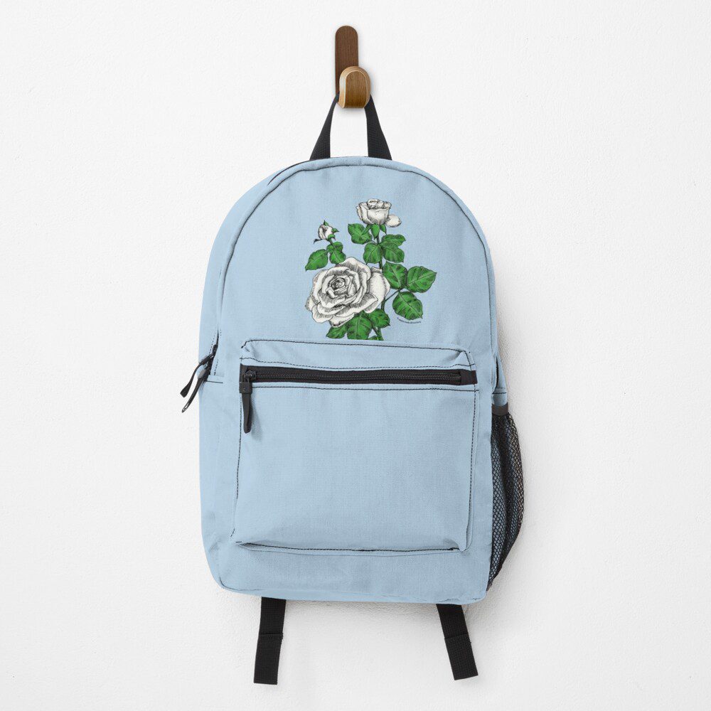 high-centered double white rose print on backpack