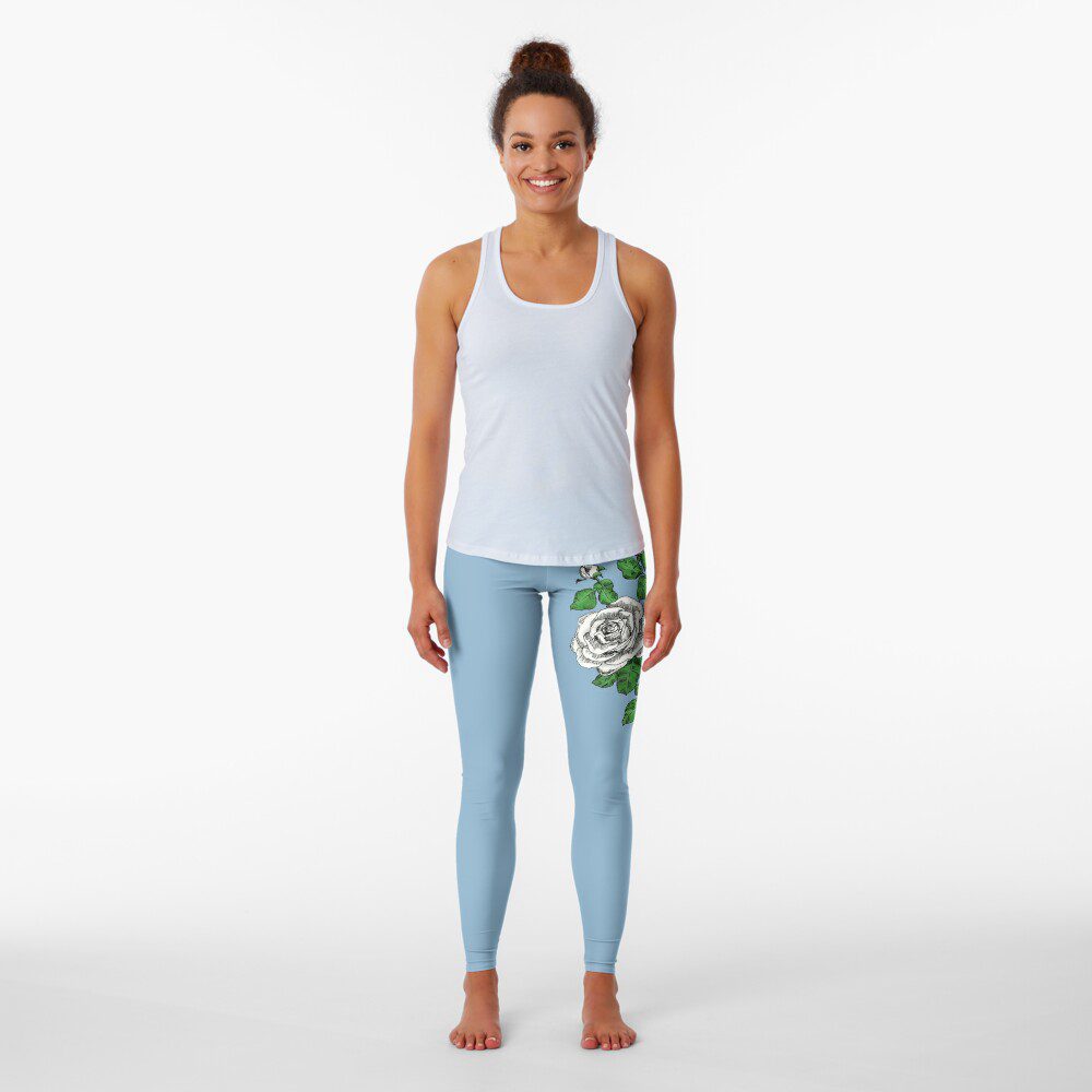 high-centered double white rose print on leggings