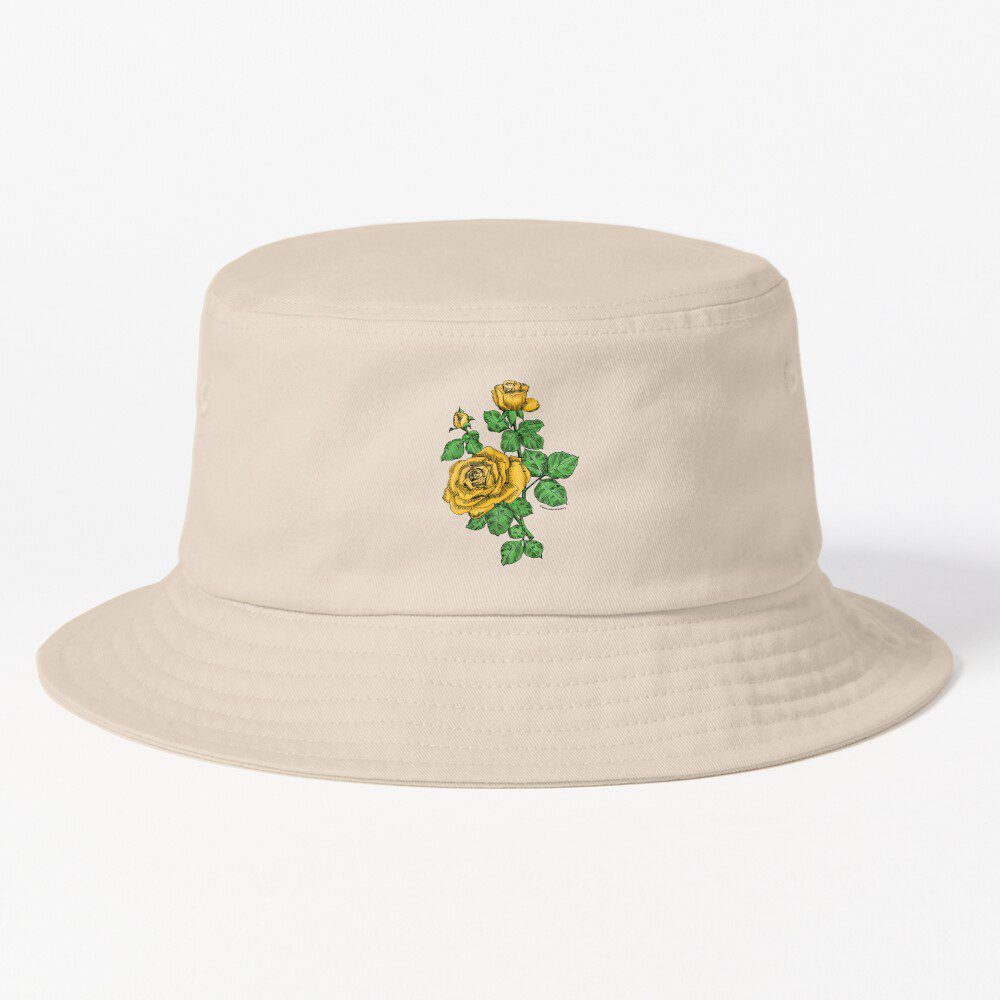 high-centered double yellow rose print on bucket hat