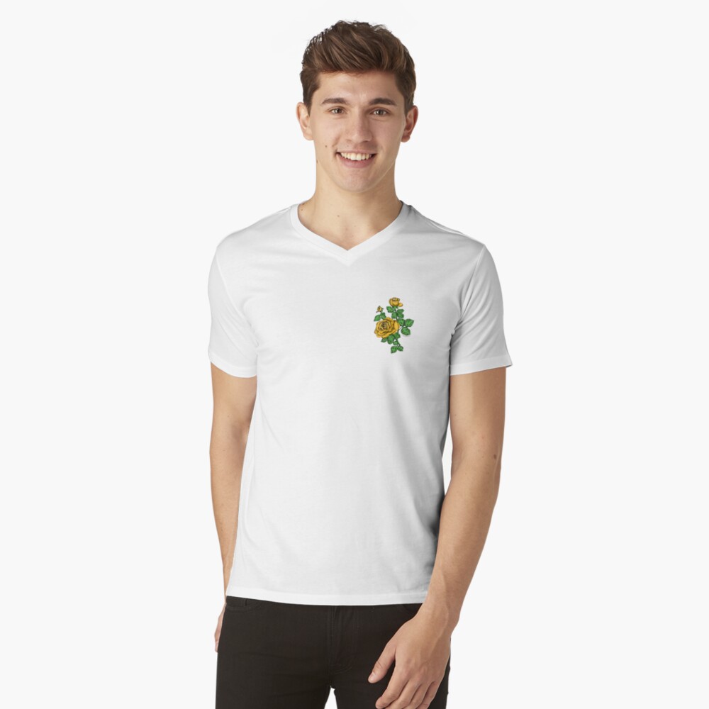 high-centered double yellow rose print on V-neck T-shirt