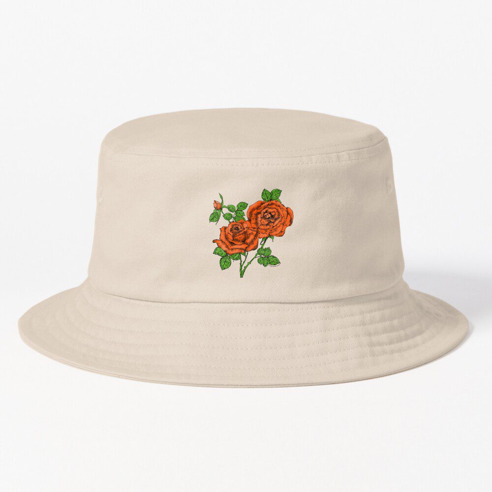 high-centered full orange rose print on bucket hat