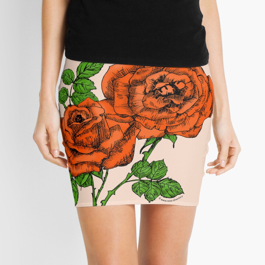 high-centered full orange rose print on mini skirt