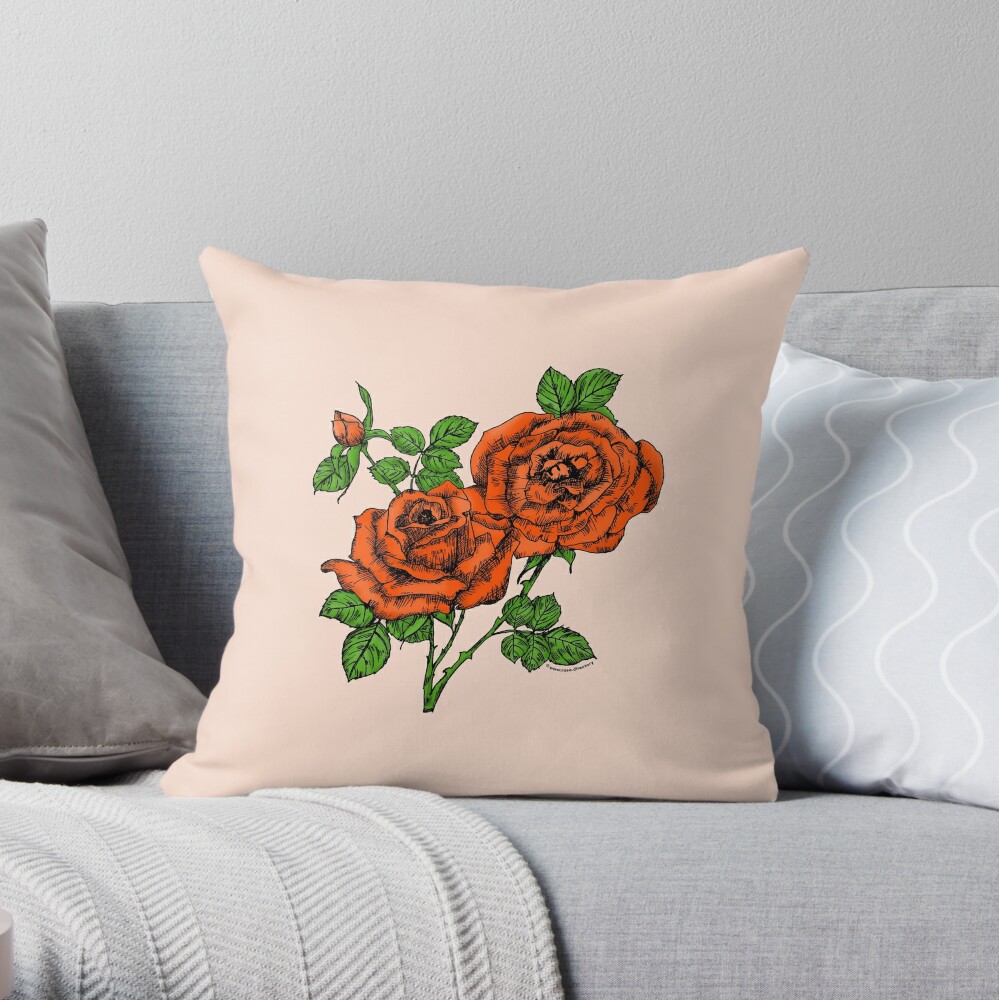 high-centered full orange rose print on throw pillow