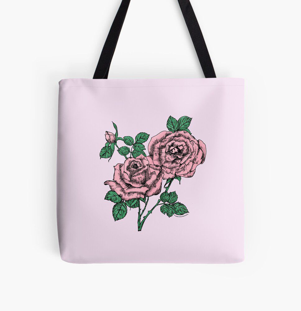 high-centered full light pink rose print on all over print tote bag