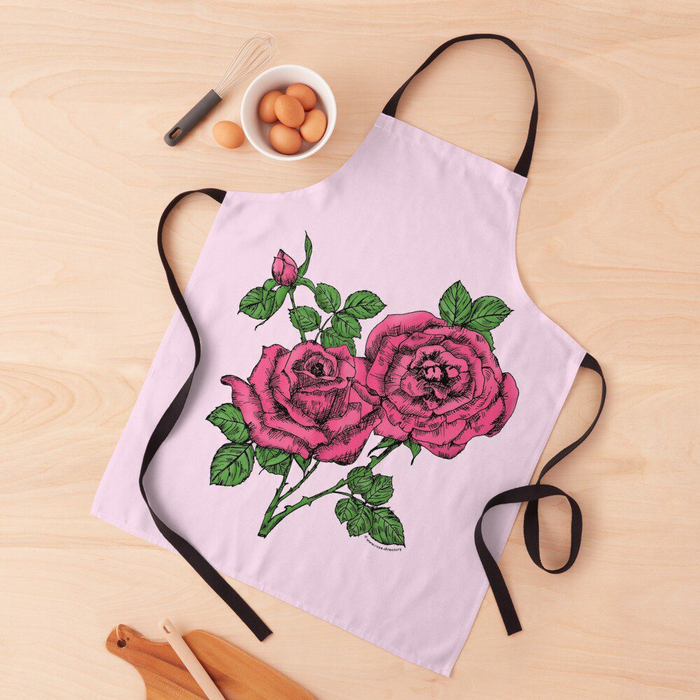 high-centered full mid pink rose print on apron