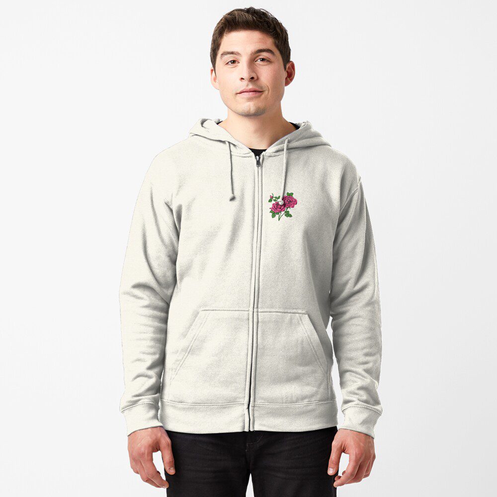 high-centered full mid pink rose print on zipped hoodie