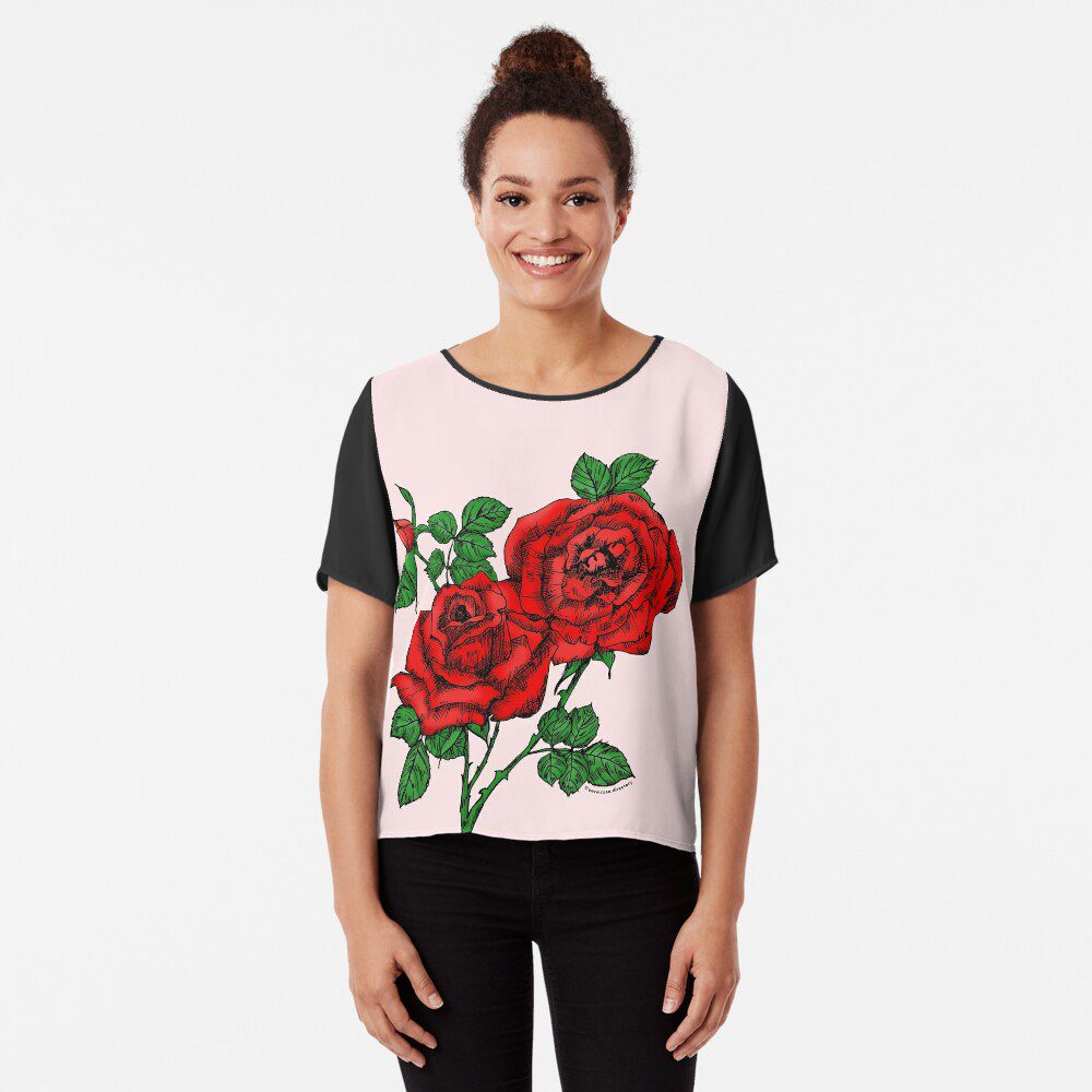 high-centered full bright red rose print on chiffon top