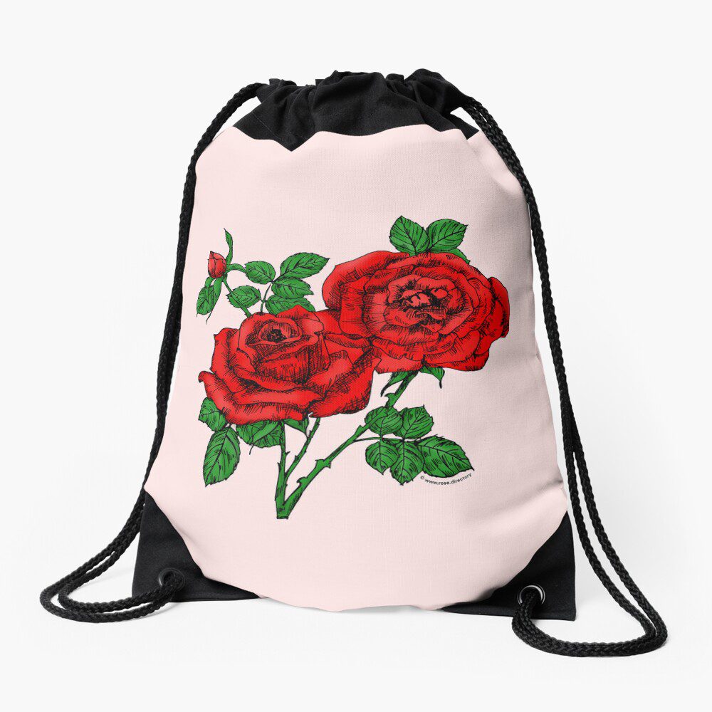 high-centered full bright red rose print on drawstring bag