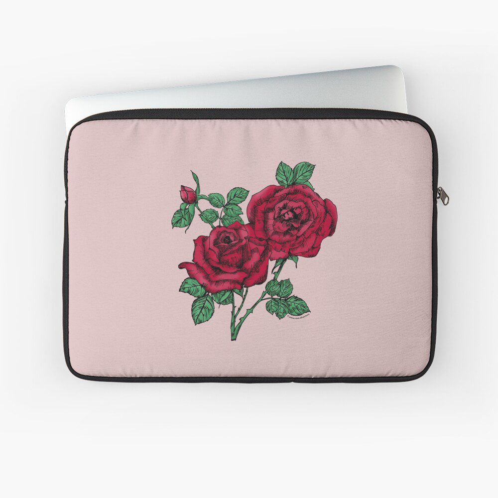 high-centered full dark red rose print on laptop sleeve