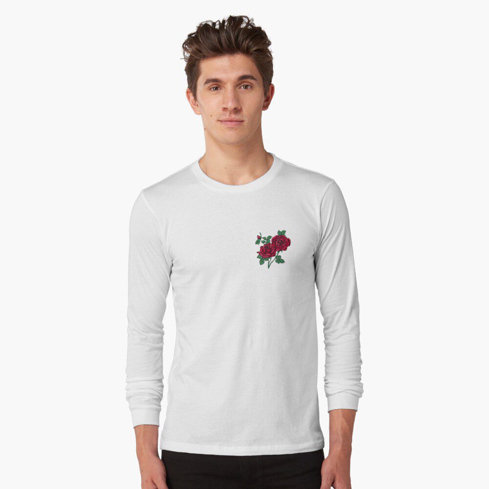 high-centered full dark red rose print on long sleeve t-shirt