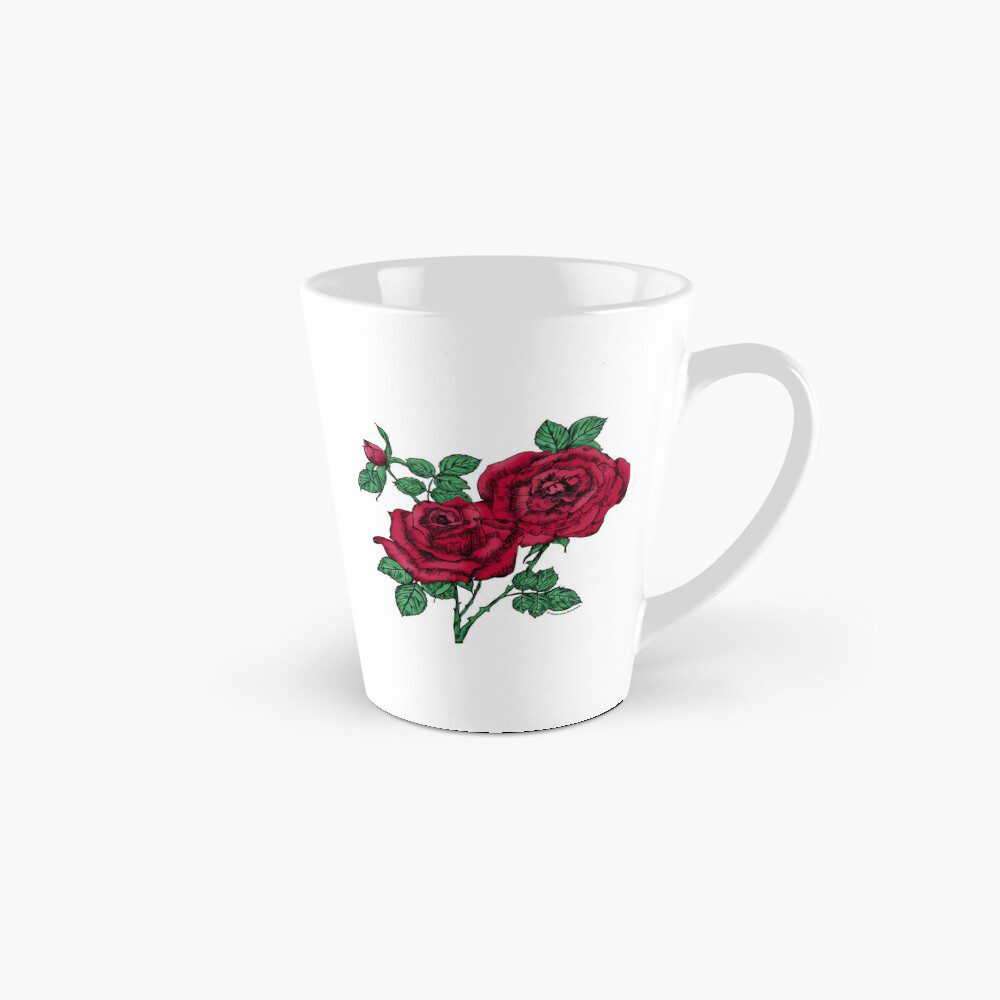 high-centered full dark red rose print on tall mug