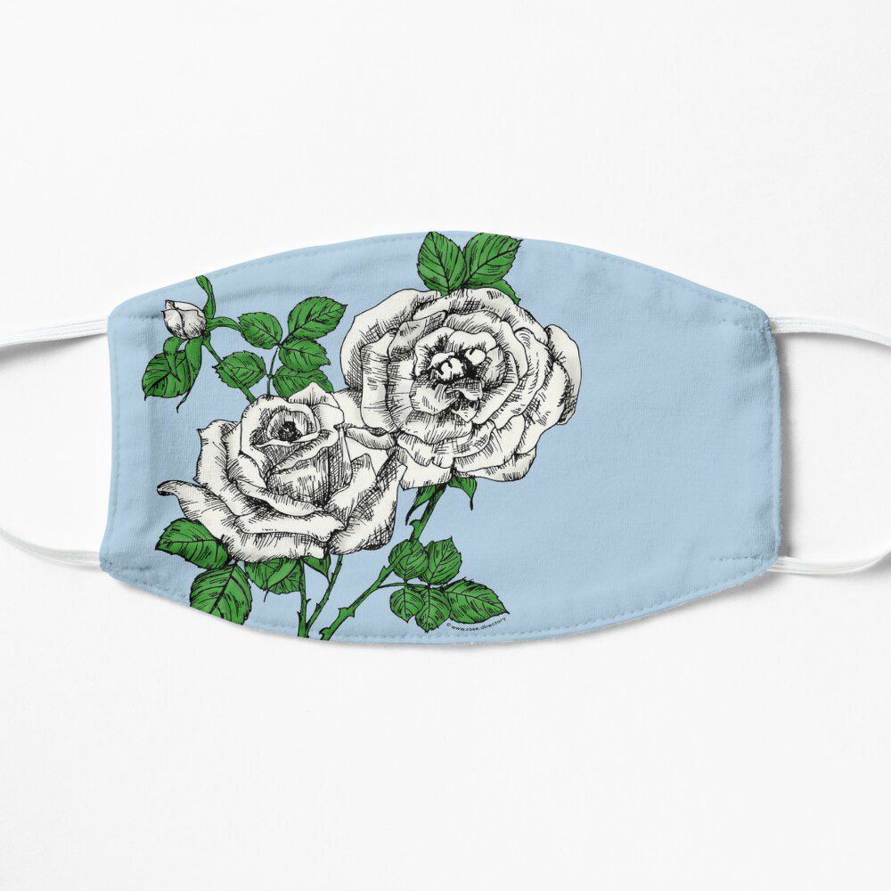 high-centered full white rose print on flat mask