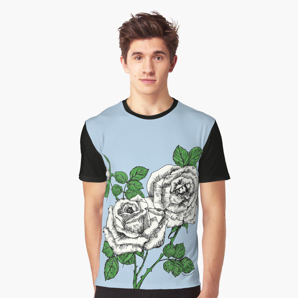 high-centered full white rose print on graphic T-shirt