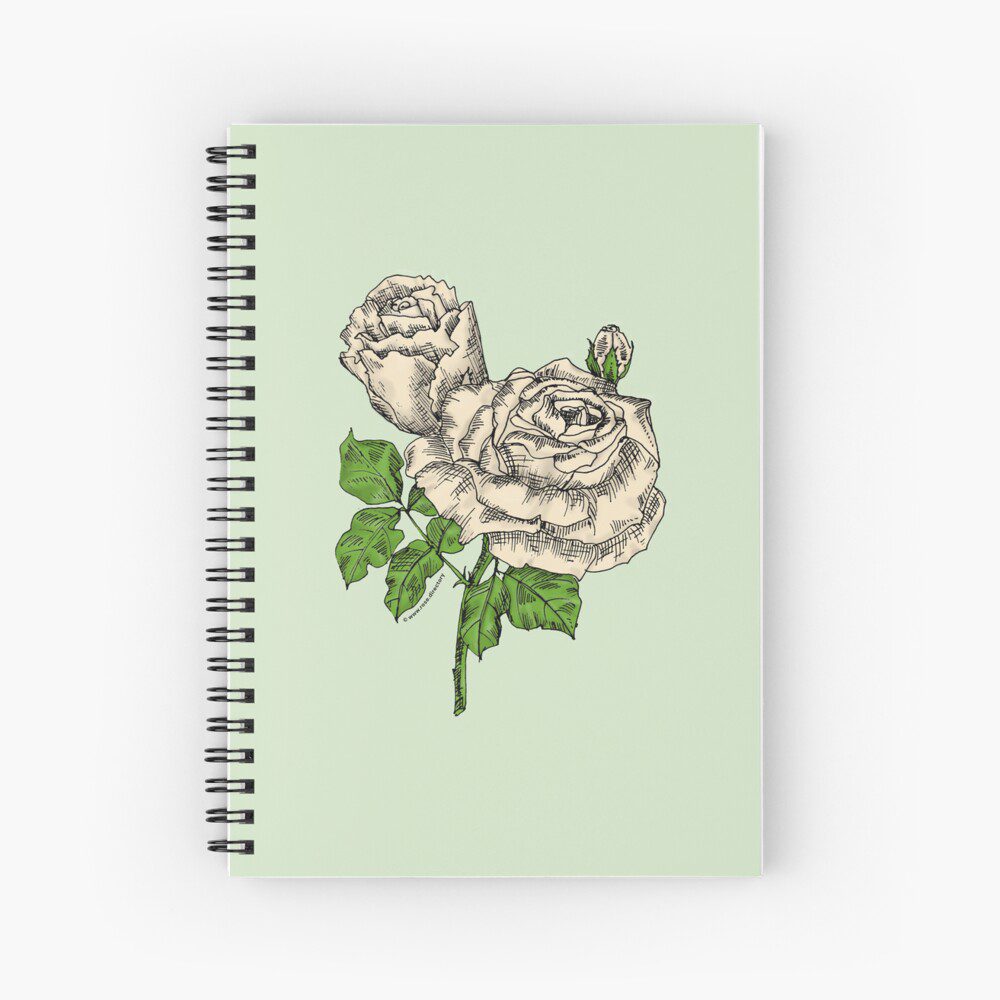 high-centered very full cream rose print on spiral notebook