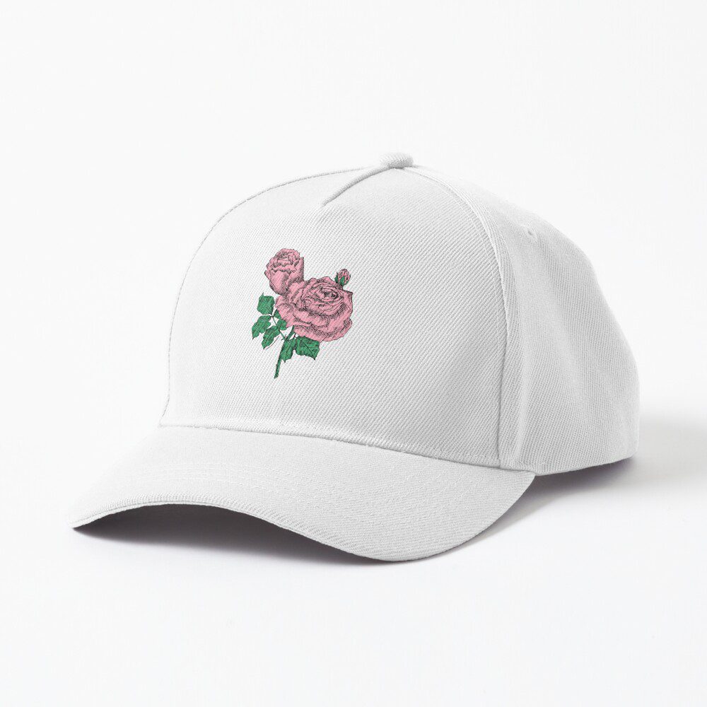 high-centered very full light pink rose print on baseball cap