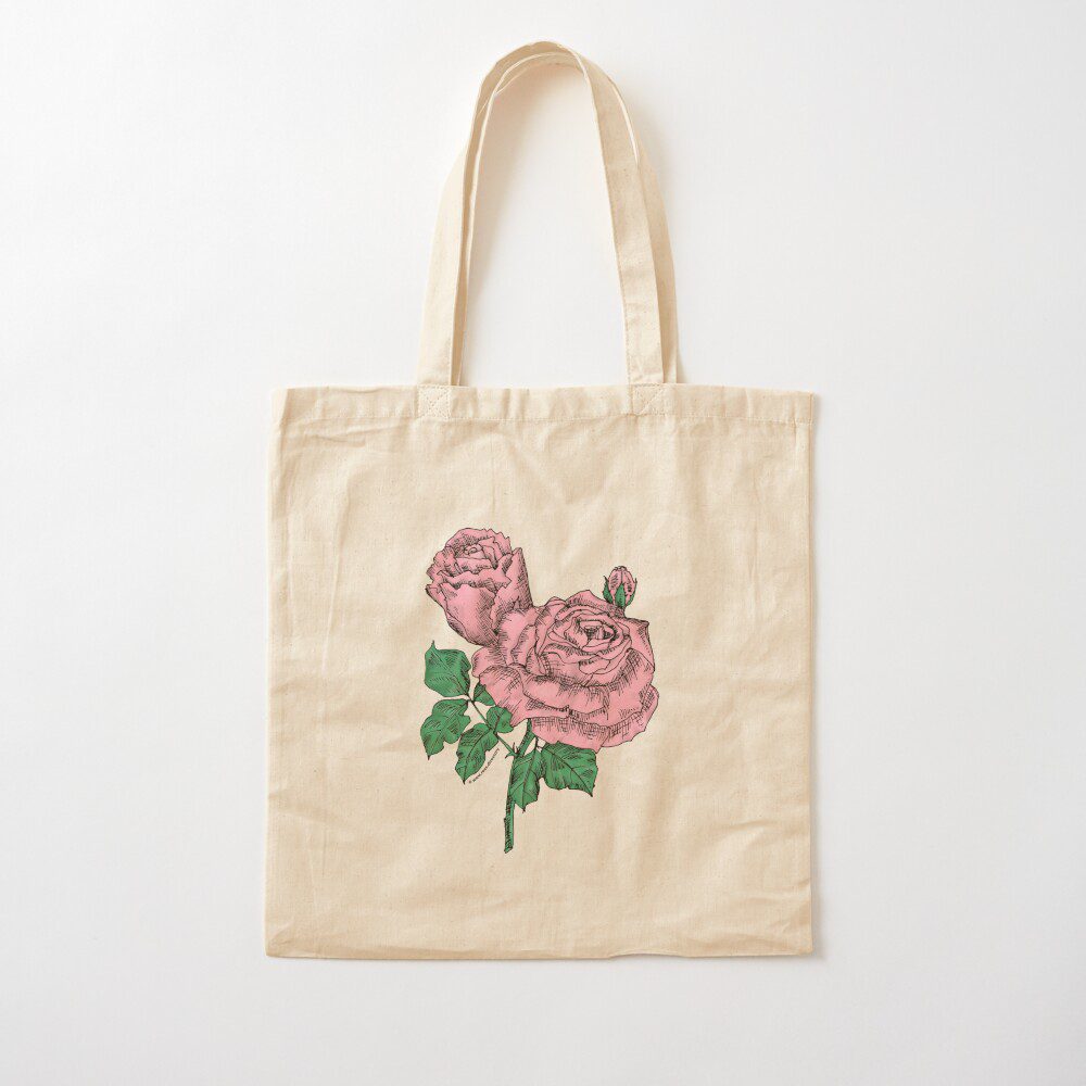 high-centered very full light pink rose print on cotton tote bag